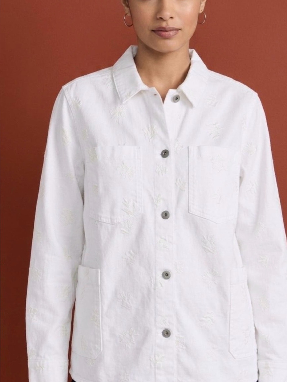 White Embroidered J.Jill Button-Up Shirt Jacket